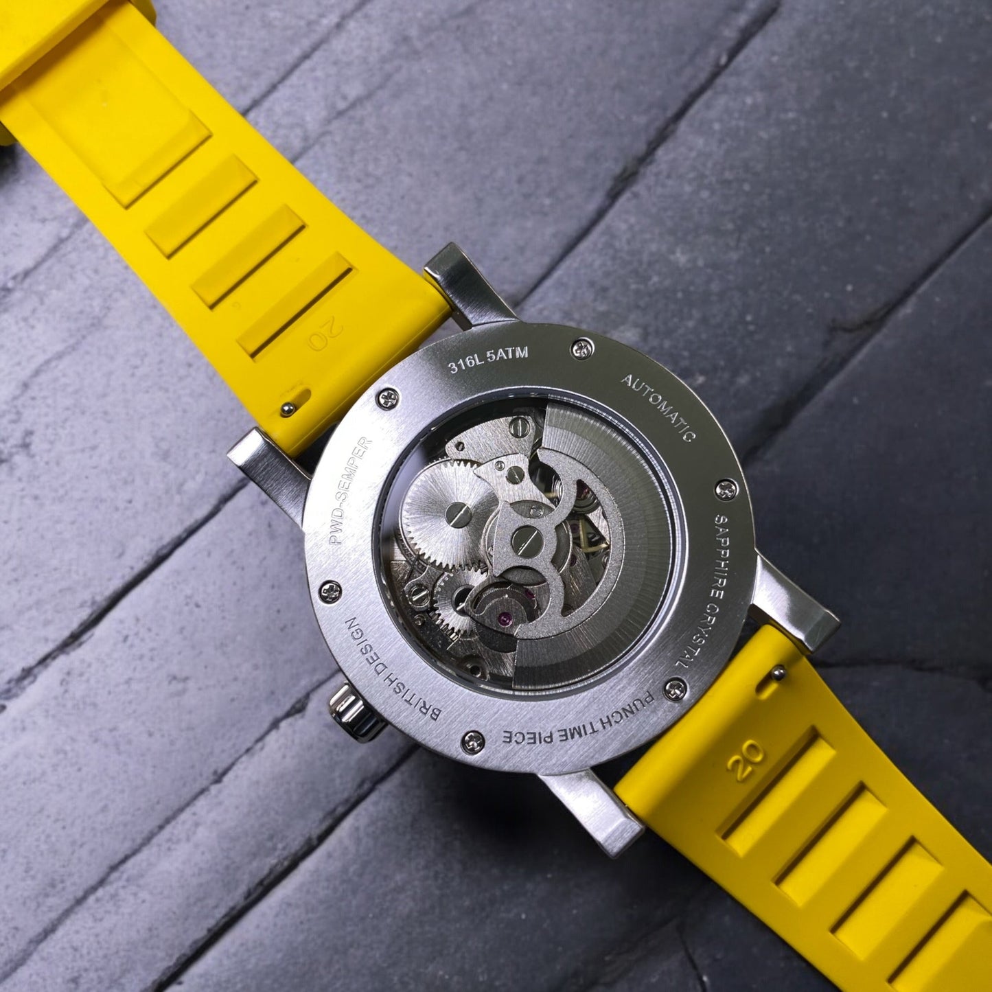 PUNCH Mens Watch, Silver & White Skeleton Automatic Watch - Yellow Rubber Strap