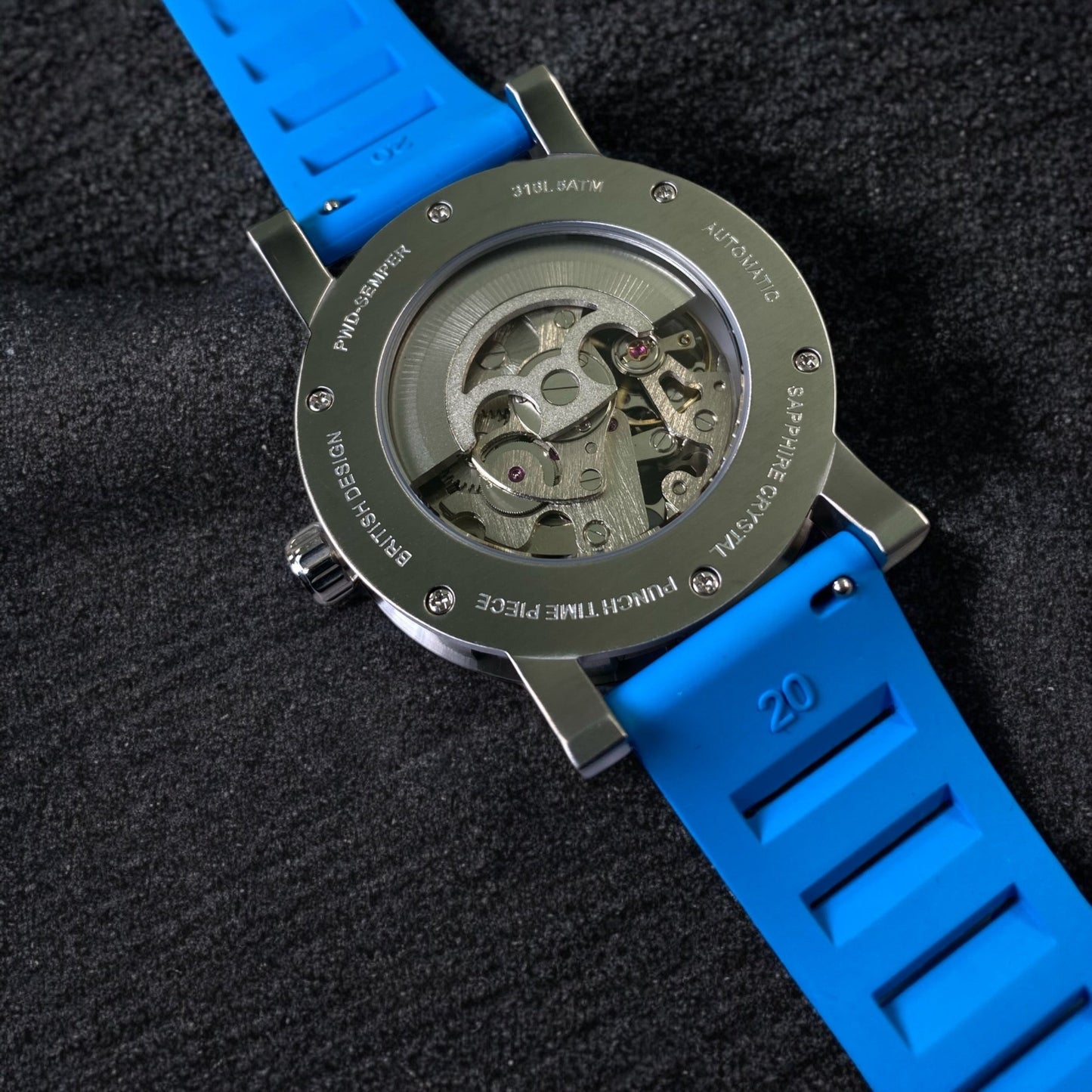 PUNCH Mens Watch, Silver & White Skeleton Automatic Watch - Blue Rubber Strap