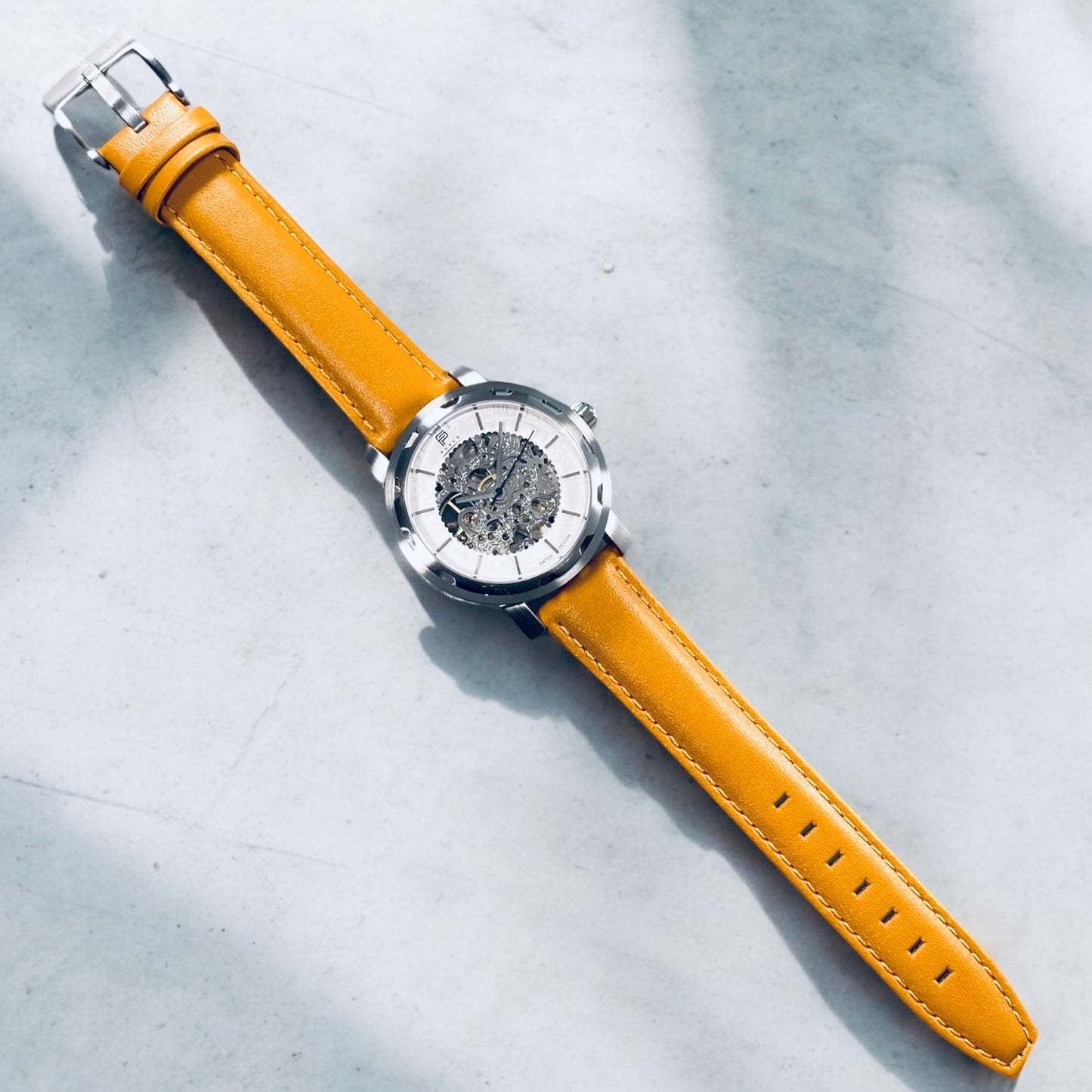 PUNCH Mens Watch, Silver & White Skeleton Automatic Watch - Tan Leather Strap