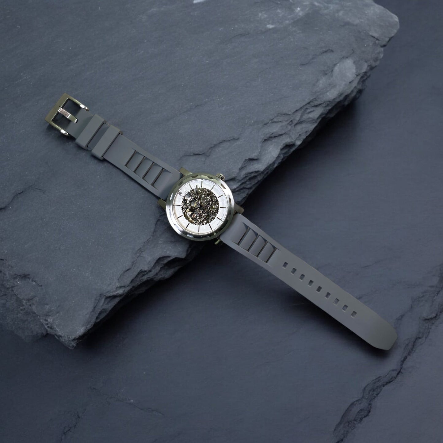 Montre homme PUNCH, squelette automatique argenté et blanc, bracelet en caoutchouc gris