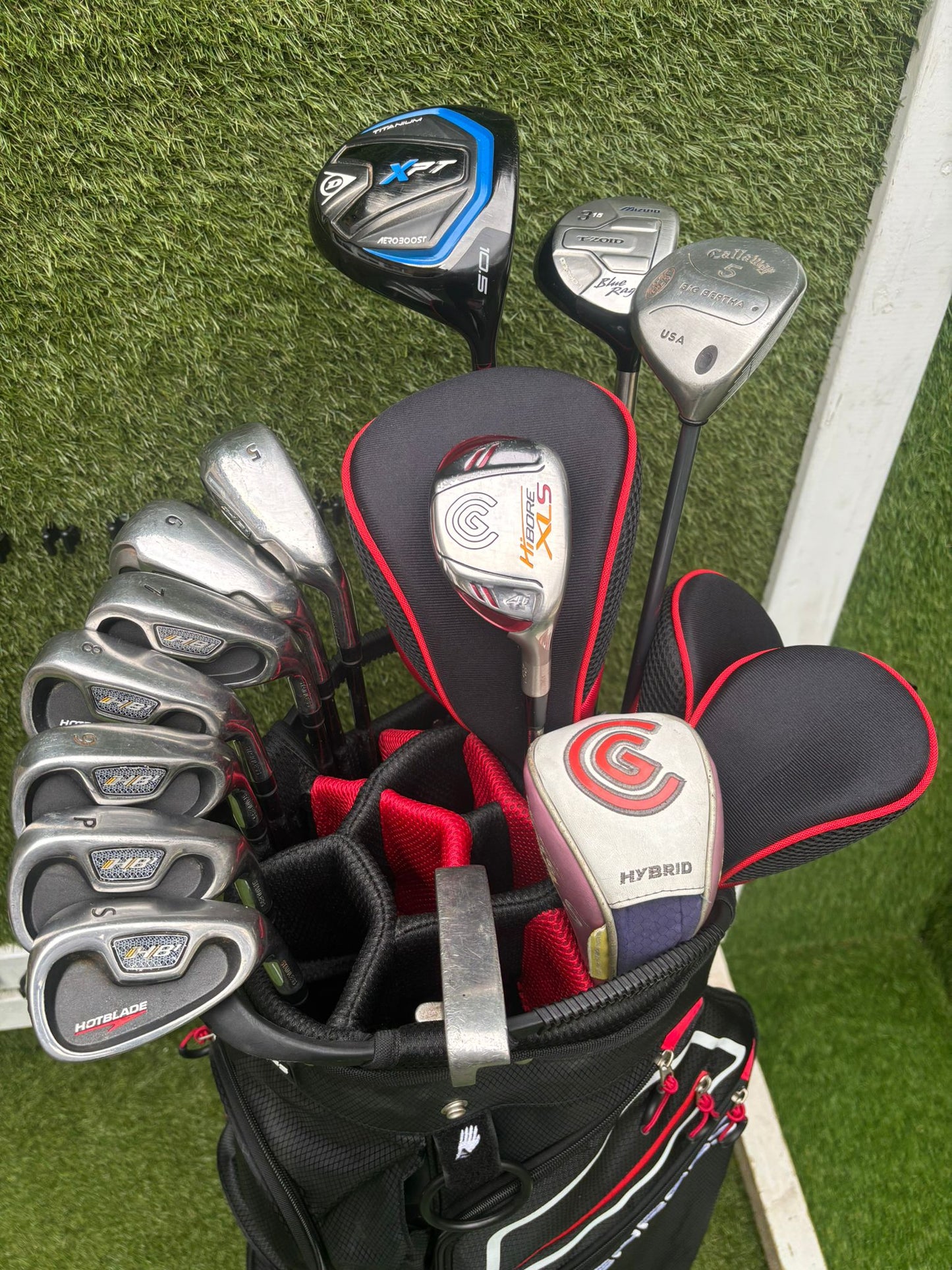 Wilson HotBlade Irons (5–SW) with Dunlop XPT Driver, Callaway & Mizuno Woods, Cleveland Hybrid Benross Cart Bag (12 Clubs)