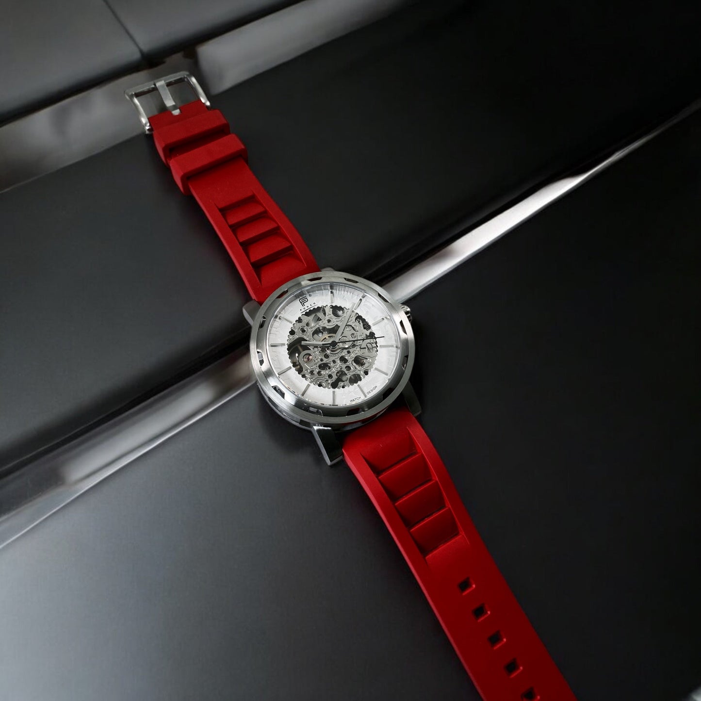 PUNCH Mens Watch, Silver & White Skeleton Automatic Watch - Red Rubber Strap