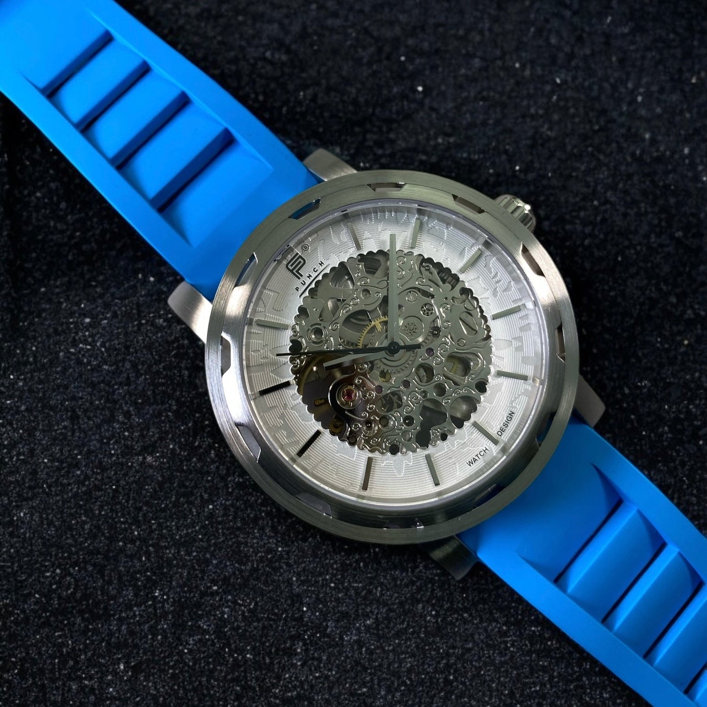 PUNCH Mens Watch, Silver & White Skeleton Automatic Watch - Blue Rubber Strap