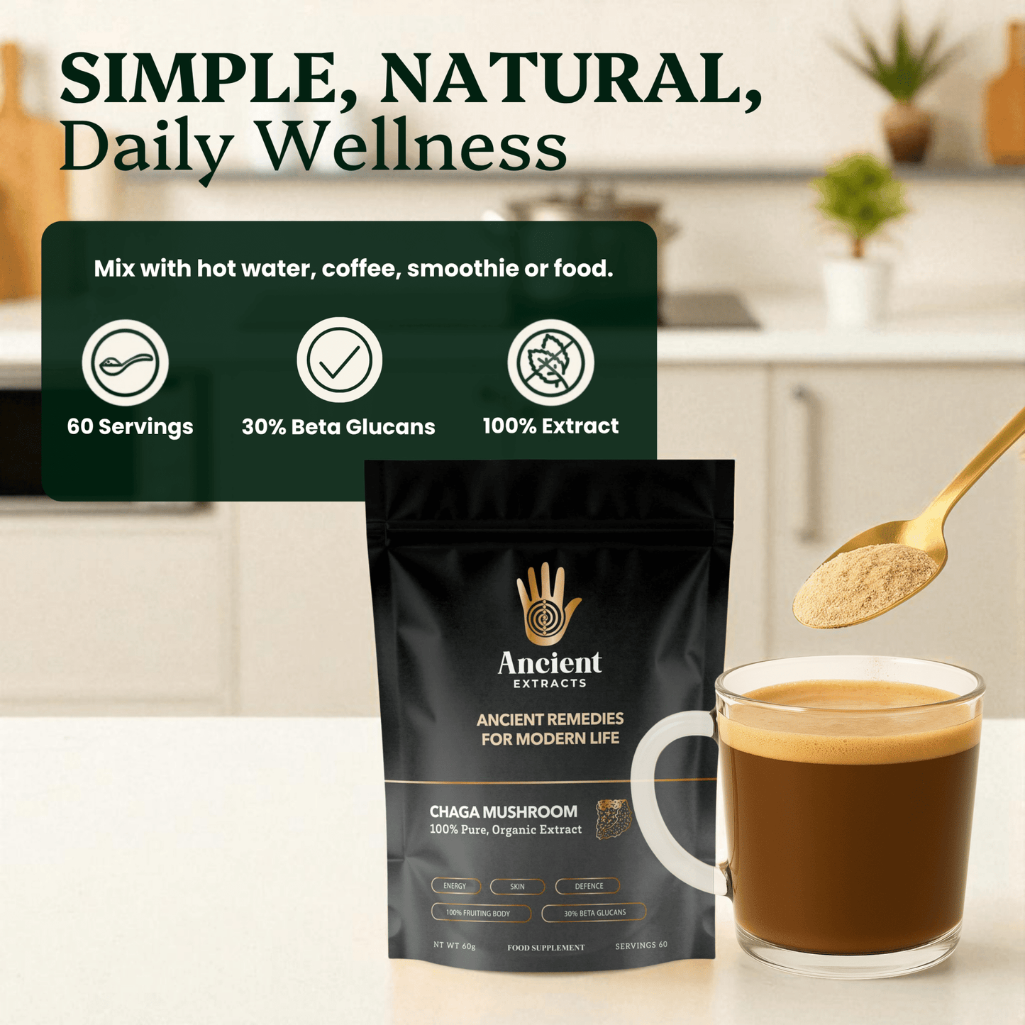 Chaga Mushroom Extract Powder - 30% Beta-glucan (60g)