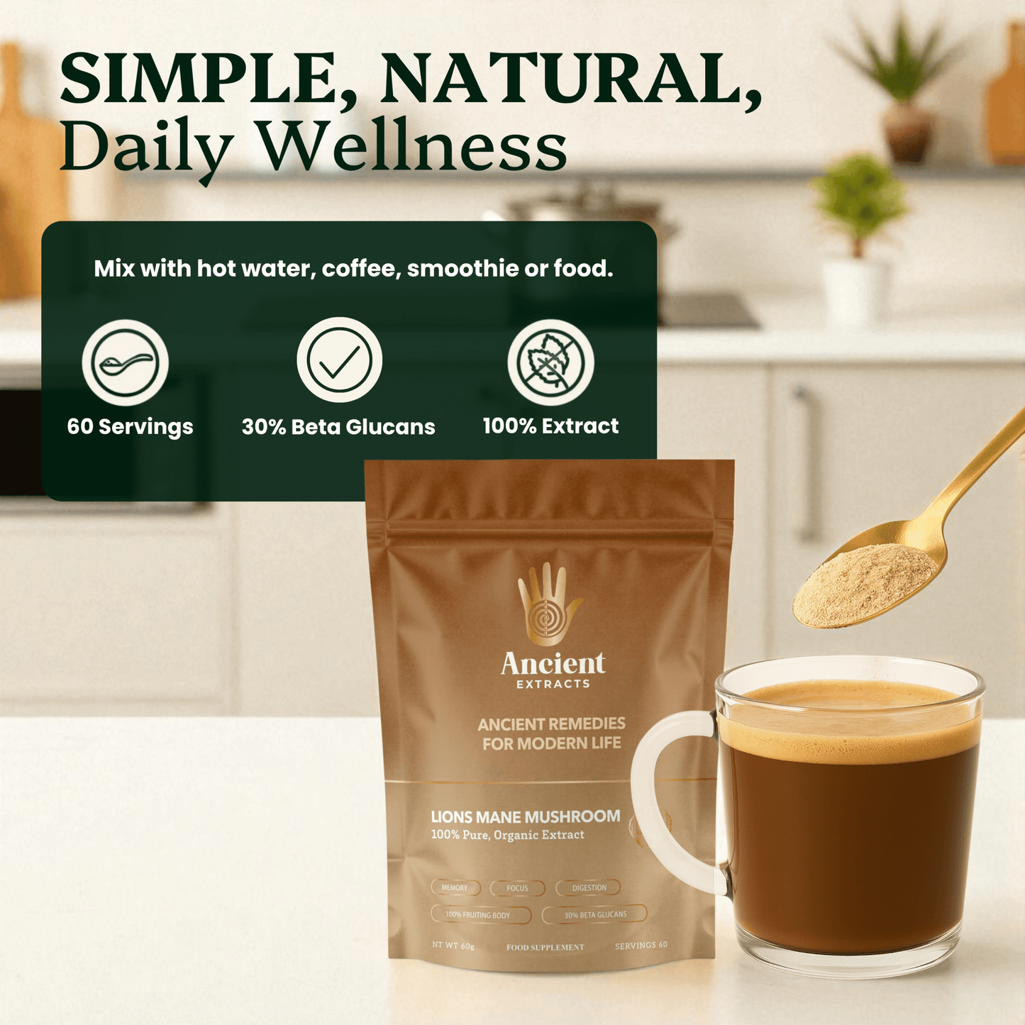 Lion's Mane Mushroom Extract Powder - 30% Beta-glucan (60g)