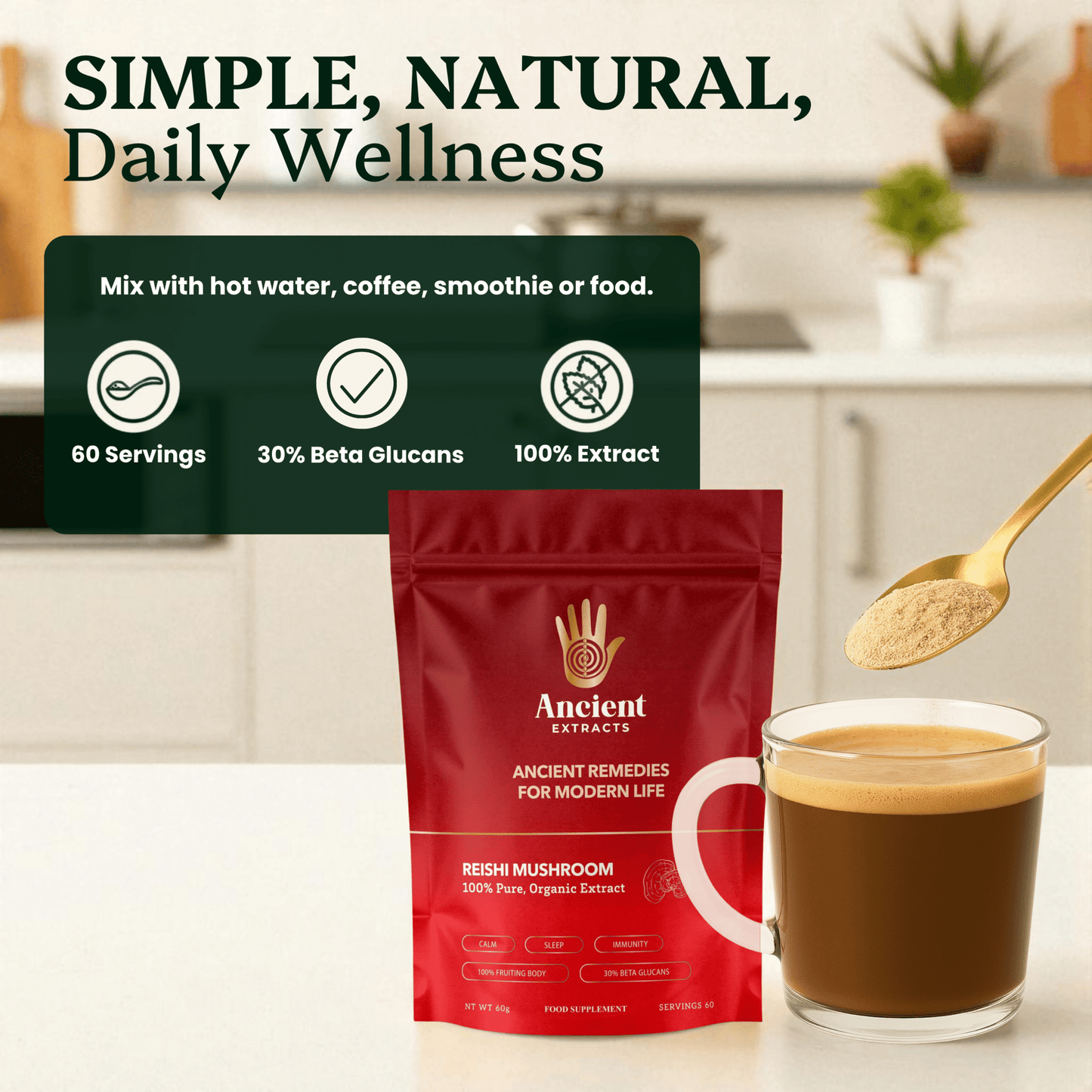 Reishi Mushroom Extract Powder - 30% Beta-glucan (60g)