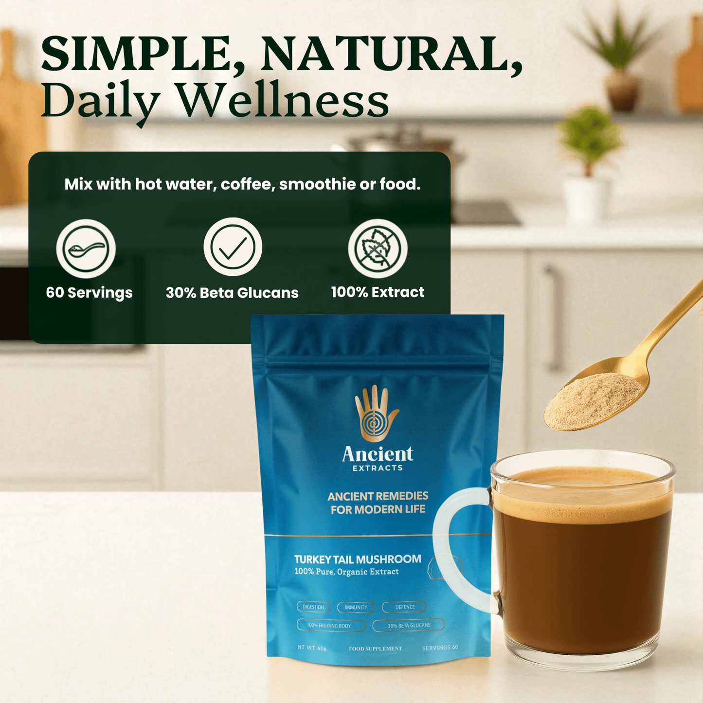 Turkey Tail Mushroom Extract Powder - 30% Beta-glucan (60g)