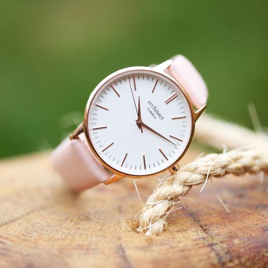 Ladies Engraved Watch with light pink Leather Strap