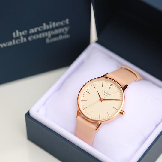 Ladies Engraved Watch with light pink Leather Strap