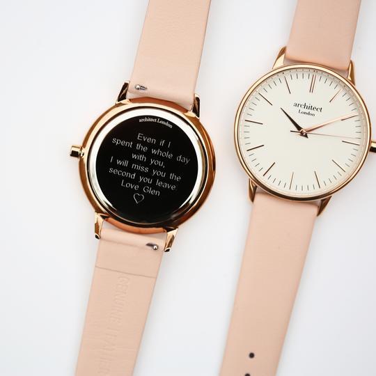 Ladies Engraved Watch with light pink Leather Strap