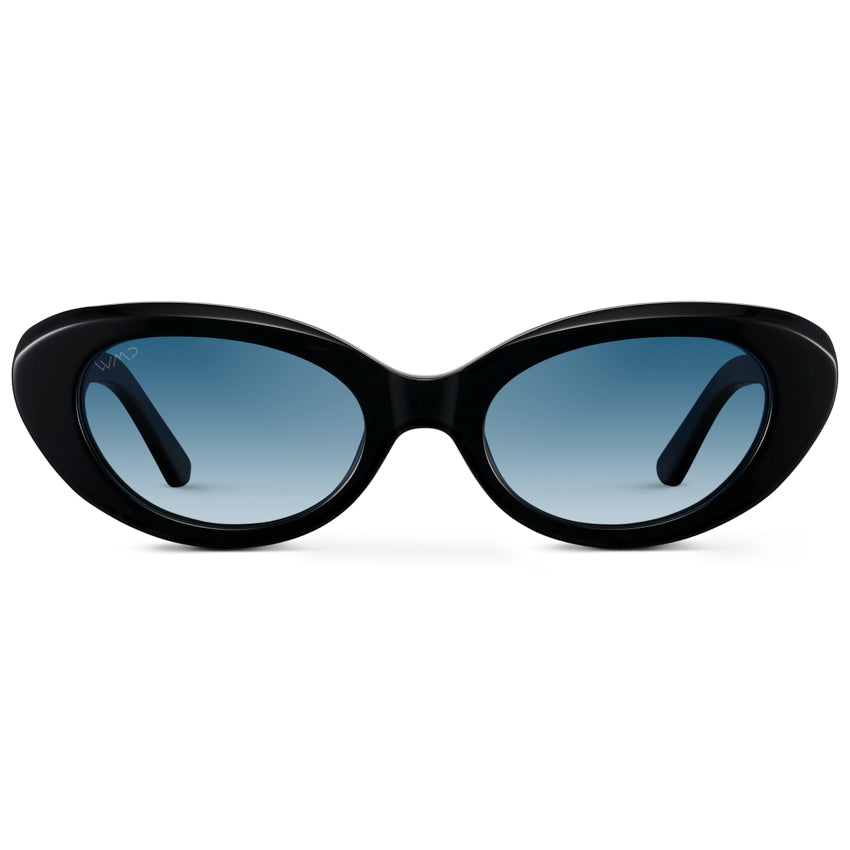 Lunettes de soleil œil-de-chat rondes MARILYN pour femme, noir brillant, par WMP Eyewear UK