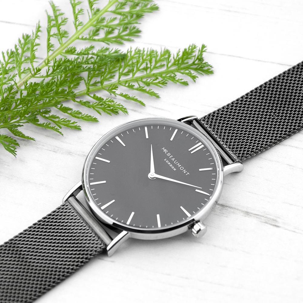 Men's Metallic Charcoal Grey Personalised Watch With Black Face