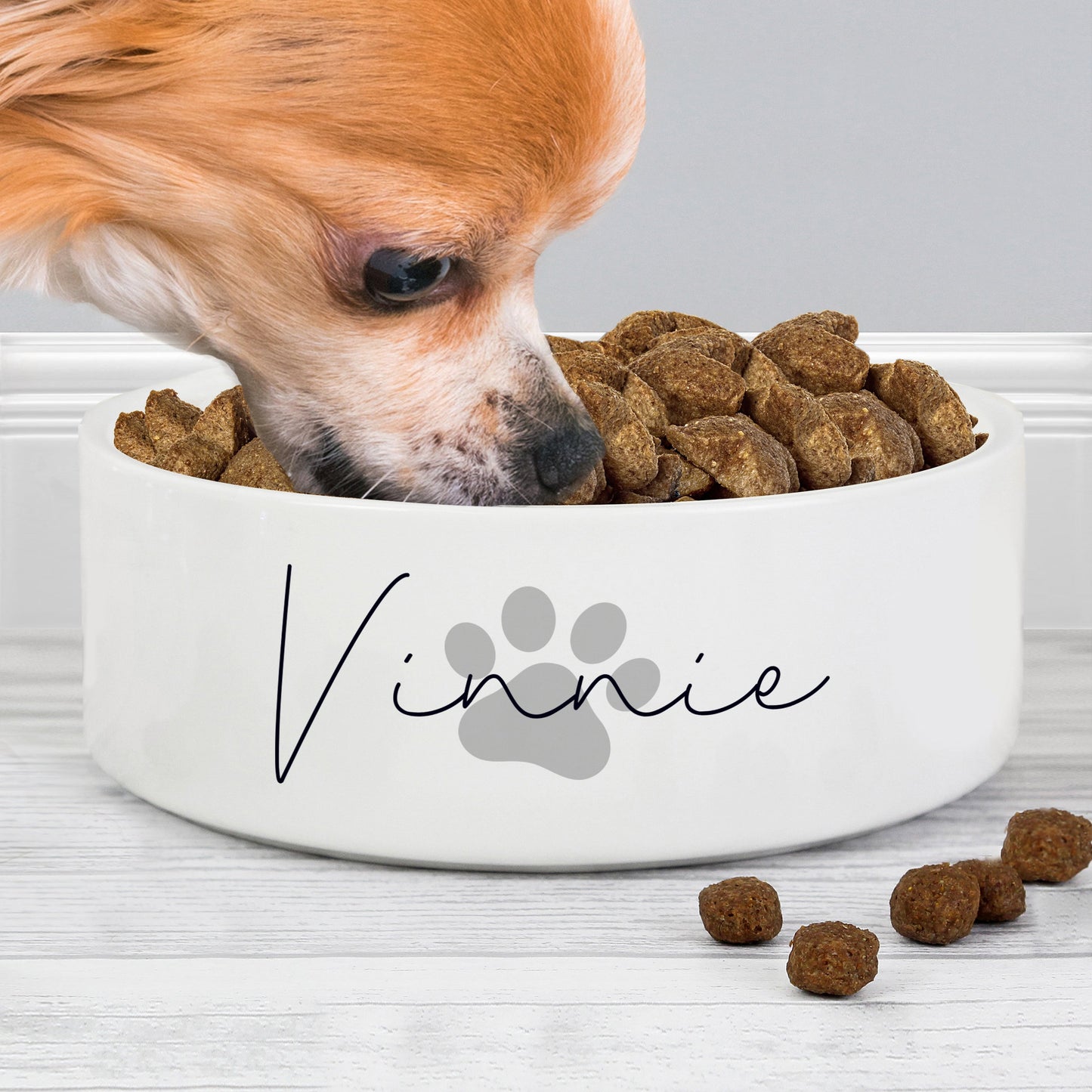 Personalised Grey Pawprint Name 14Cm Medium Pet Bowl For Dogs And Cats