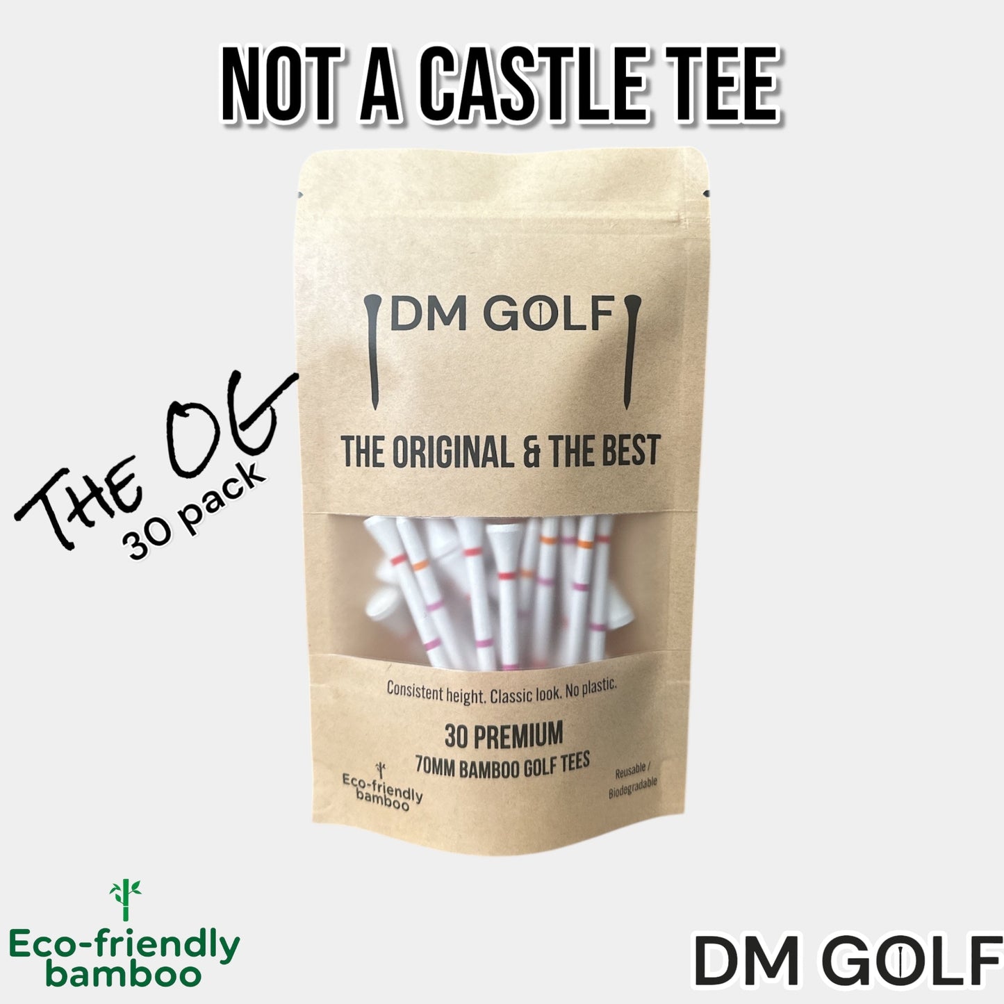 The O G-Not A Castle Tee Premium 70mm Bamboo Golf Tee With Orange, Pink & Red Castle Height Indicators-30 Pack
