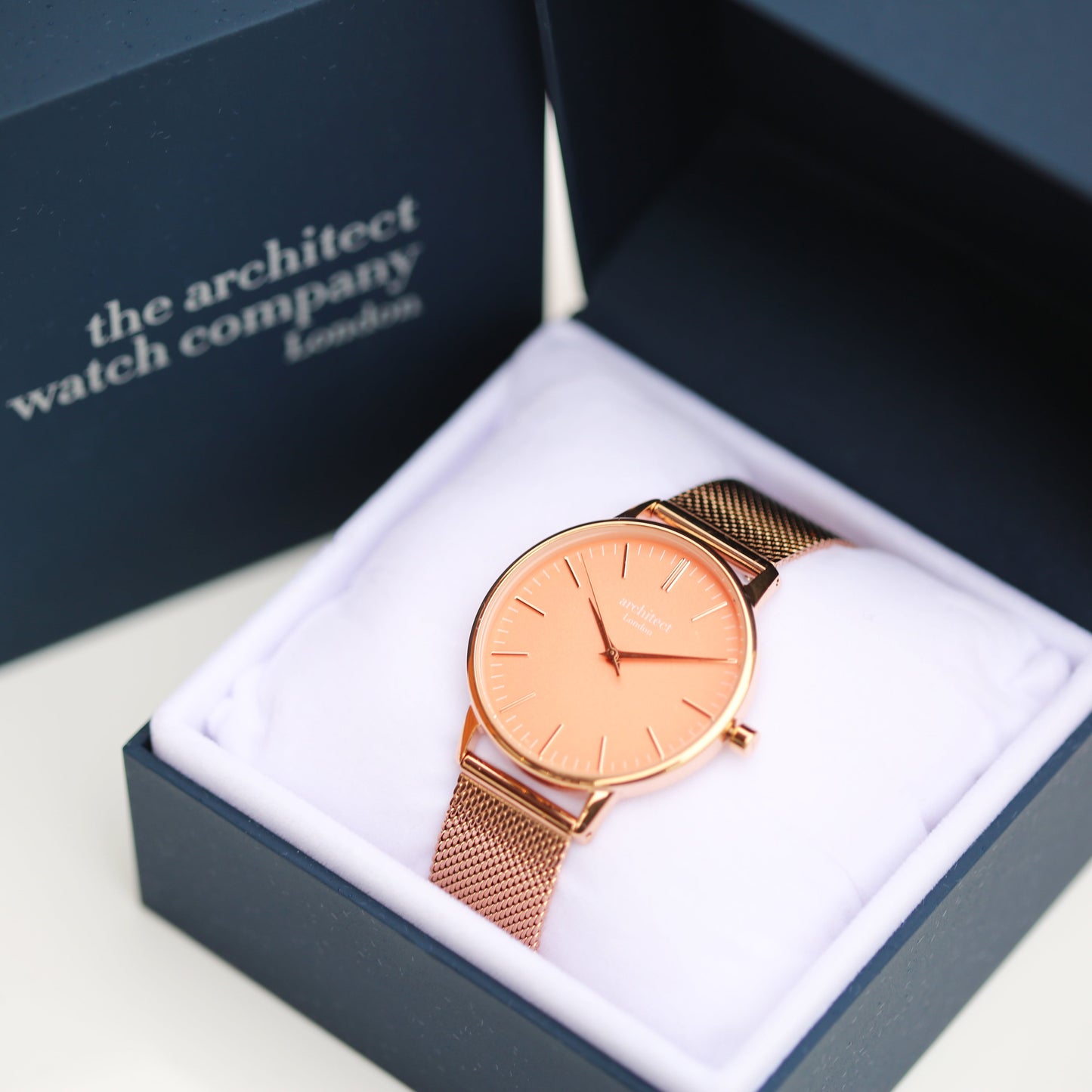 Ladies Architēct Coral - Modern Font Engraving + Rose Gold Mesh Strap