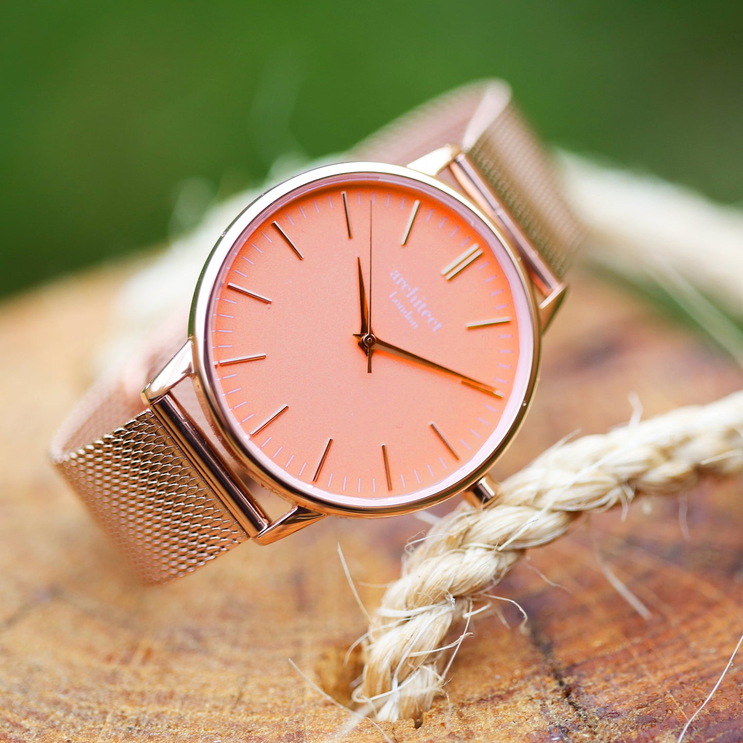 Ladies Architēct Coral - Modern Font Engraving + Rose Gold Mesh Strap