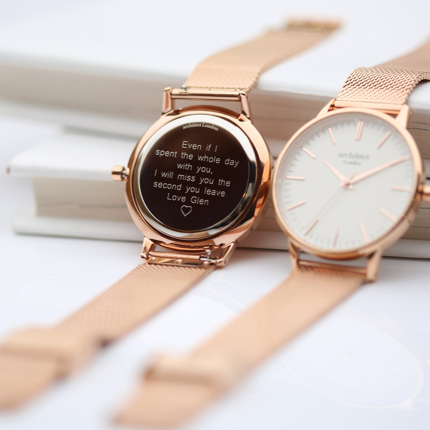 Ladies Architēct Blanc - Modern Font Engraving + Rose Gold Mesh Strap