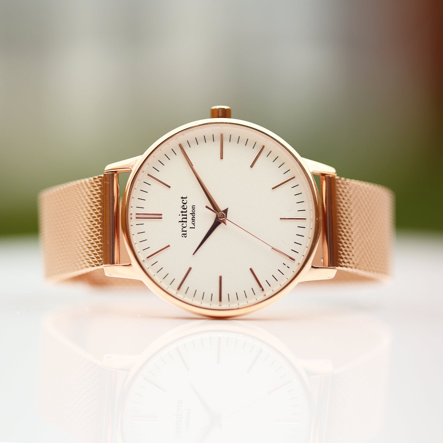 Ladies Architēct Blanc - Modern Font Engraving + Rose Gold Mesh Strap