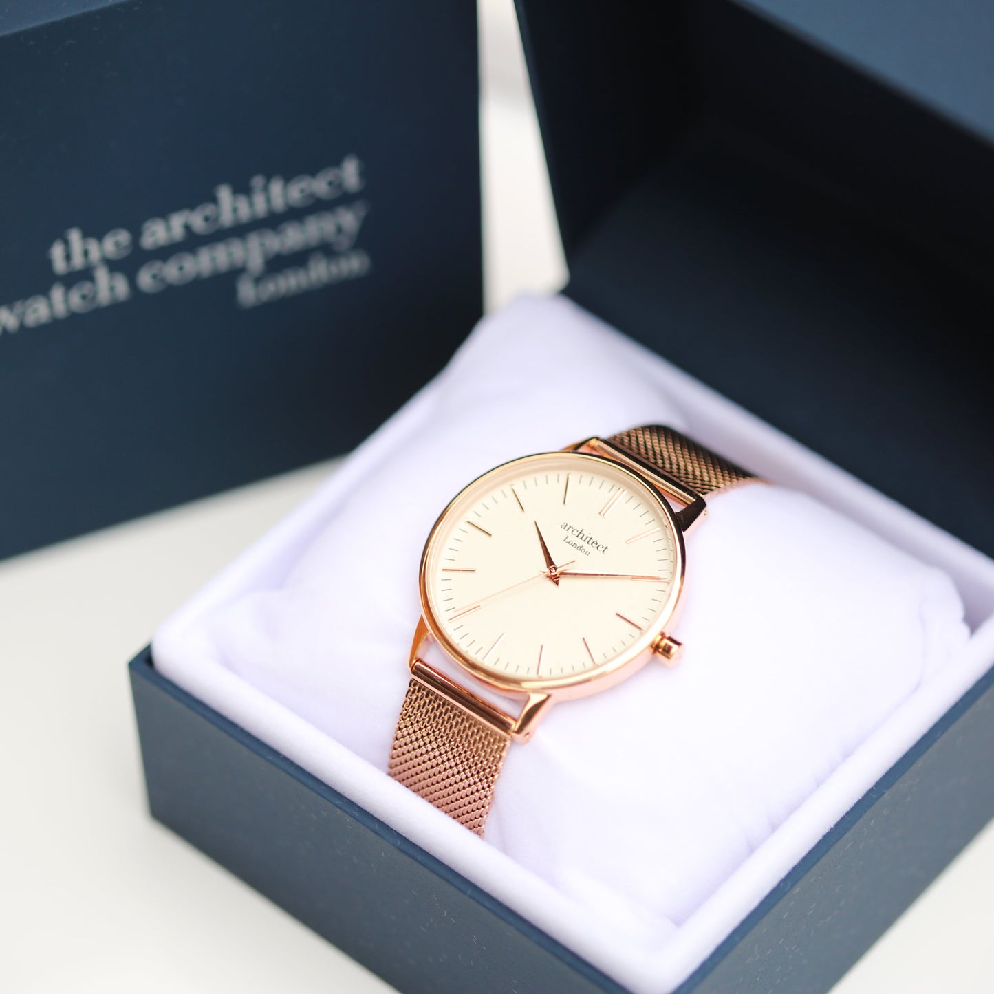 Ladies Architēct Blanc - Modern Font Engraving + Rose Gold Mesh Strap