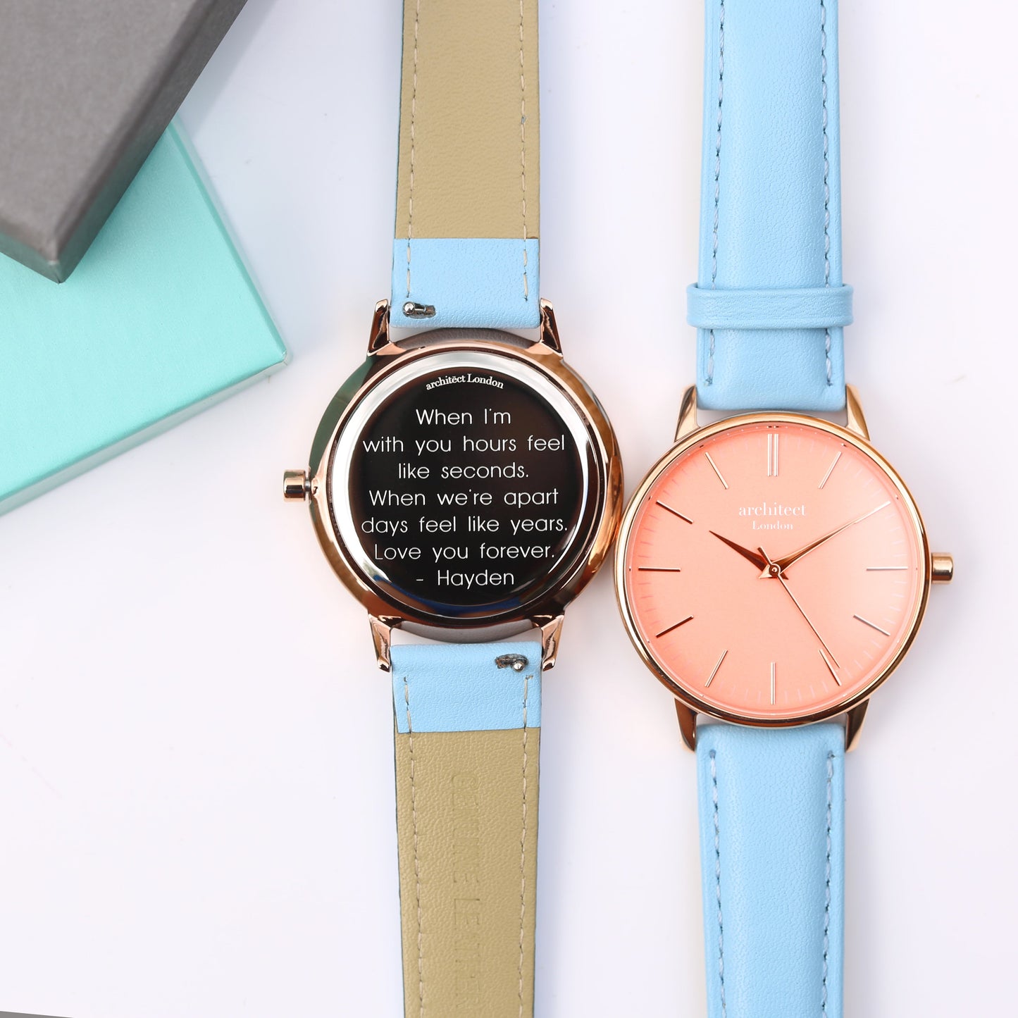 Ladies Architēct Coral - Modern Font Engraving + Light Blue Strap
