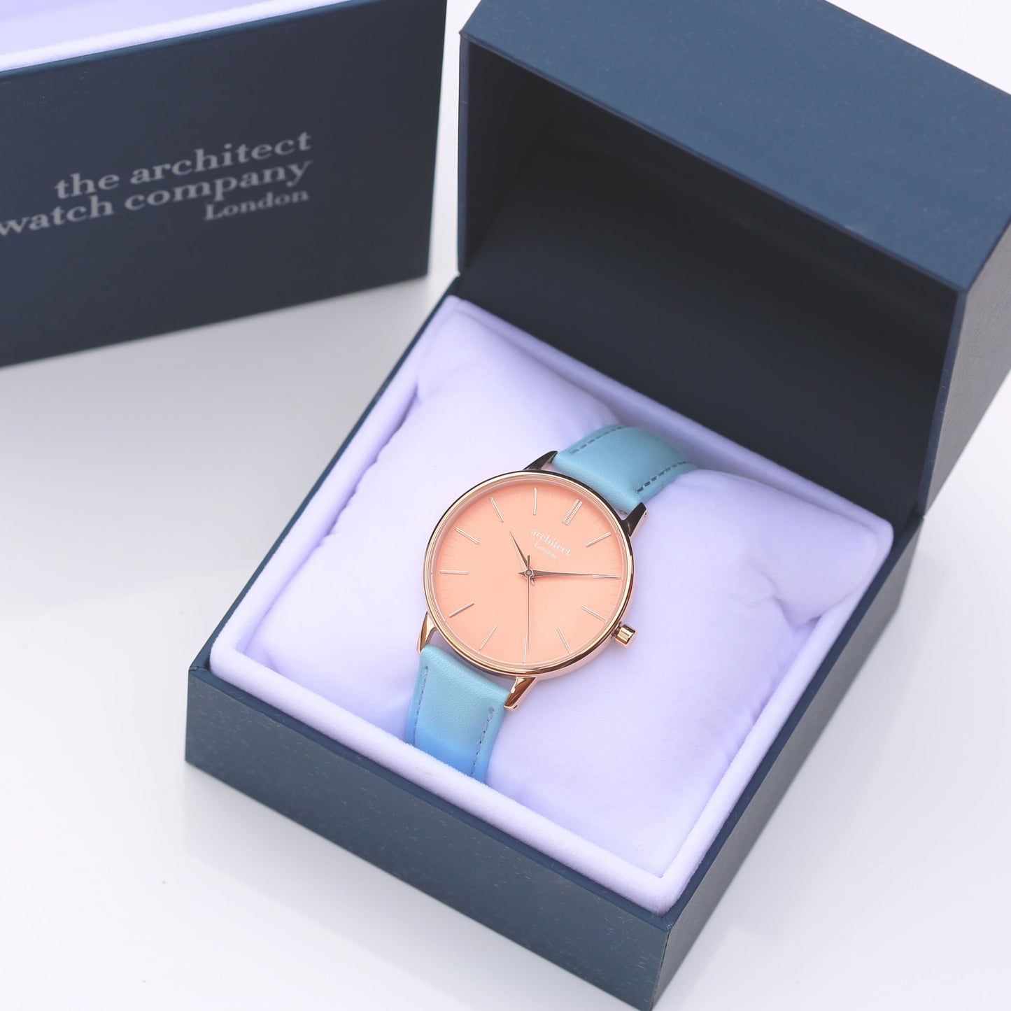 Ladies Architēct Coral - Modern Font Engraving + Light Blue Strap