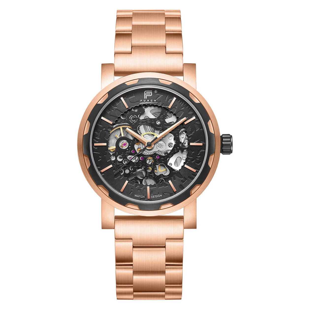 PUNCH Mens Watch, Rose Gold & Black Skeleton Automatic Watch - Rose Gold Metal Strap