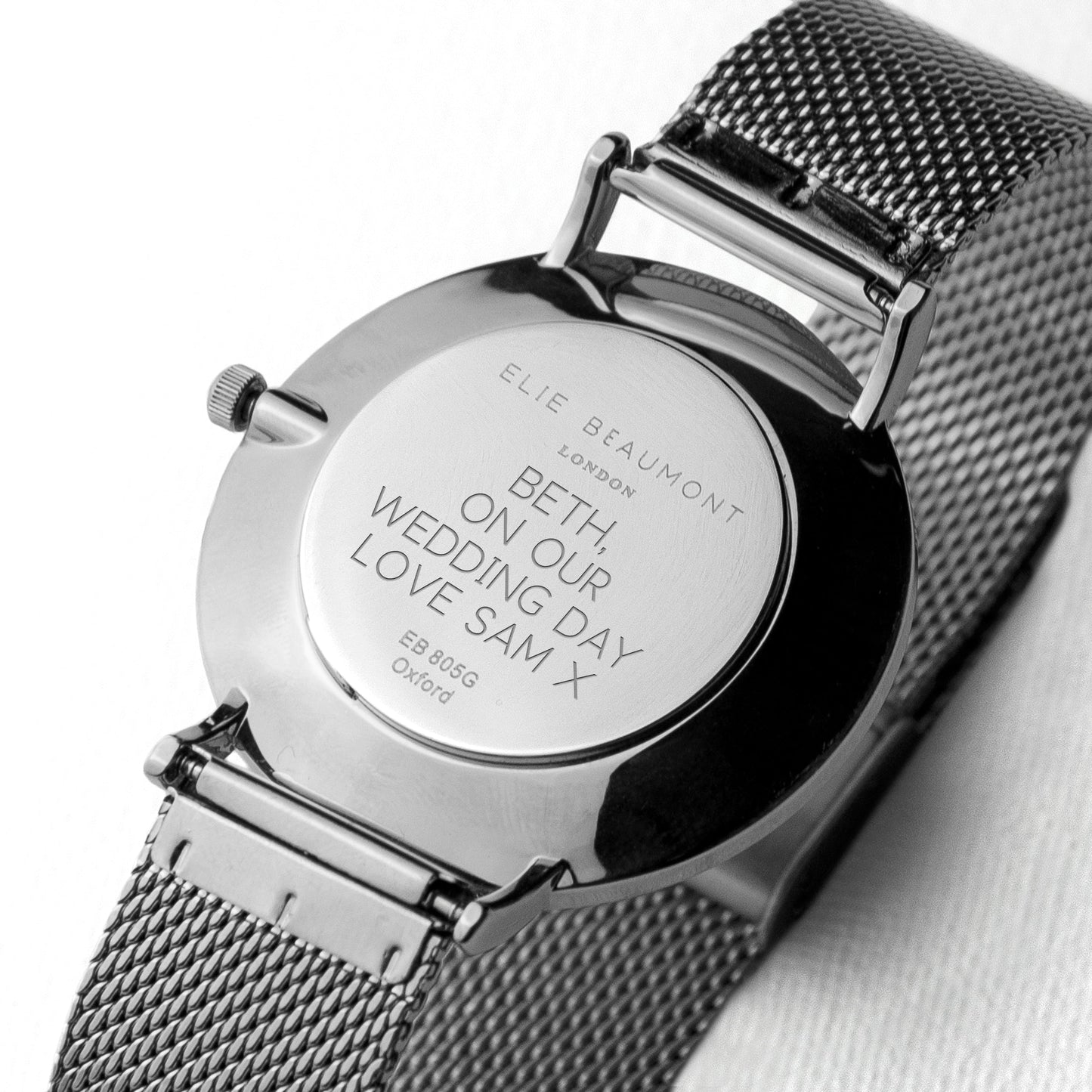 Personalised Metallic Mesh Strapped Watch With White Dial