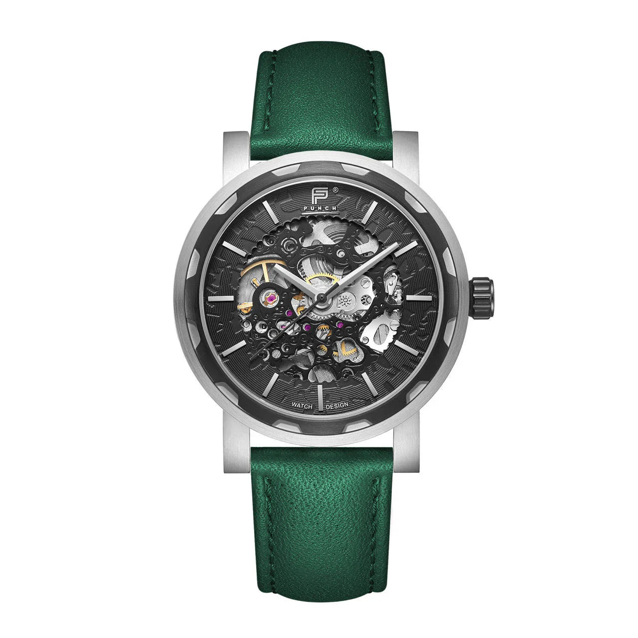 PUNCH Mens Watch, Black & Silver Skeleton Automatic Watch - Green Leather Strap