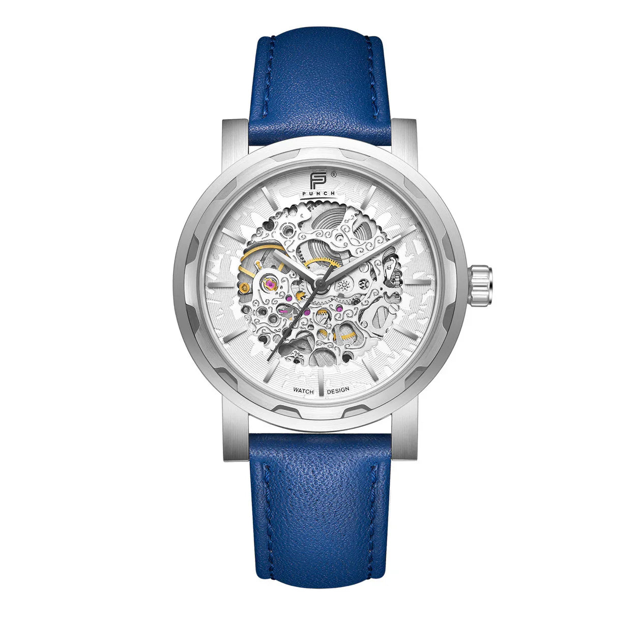PUNCH Mens Watch, Silver & White Skeleton Automatic Watch - Blue Leather Strap