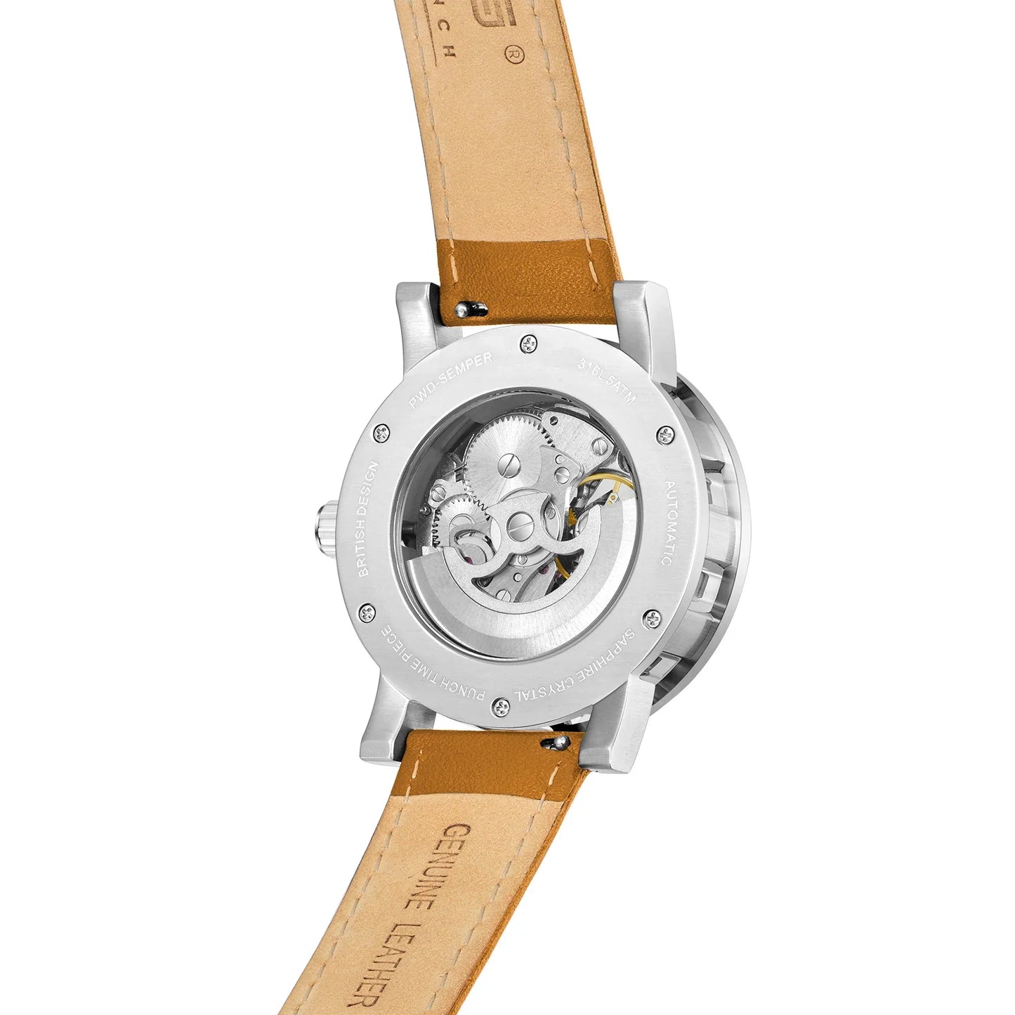 PUNCH Mens Watch, Silver & White Skeleton Automatic Watch - Tan Leather Strap