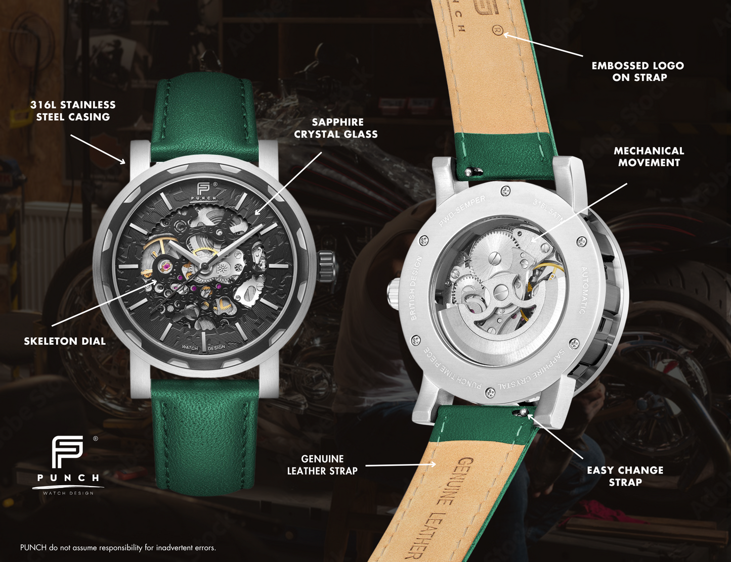PUNCH Mens Watch, Black & Silver Skeleton Automatic Watch - Green Leather Strap