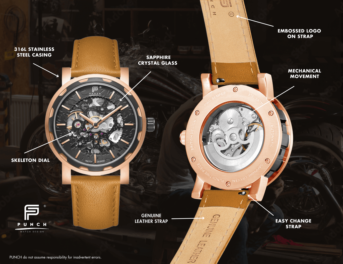 PUNCH Men's Rose Gold & Black Automatic Skeleton Watch - Tan Leather Strap