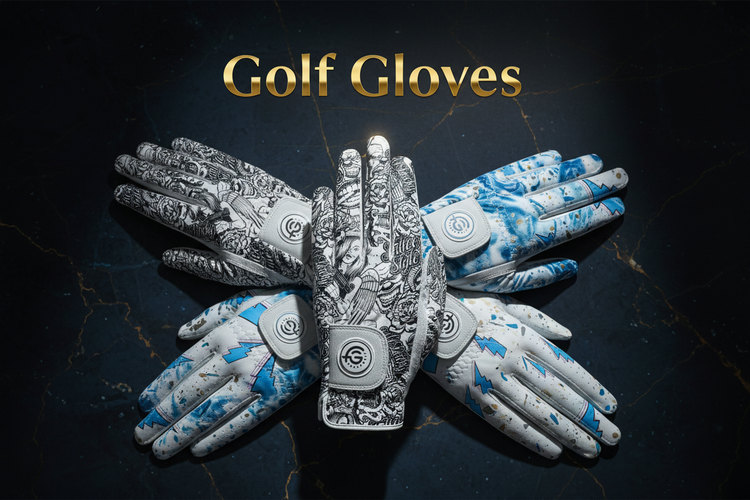 Selection of men's and women's golf gloves in Cabretta leather, synthetic, and motif designs, displayed with packaging