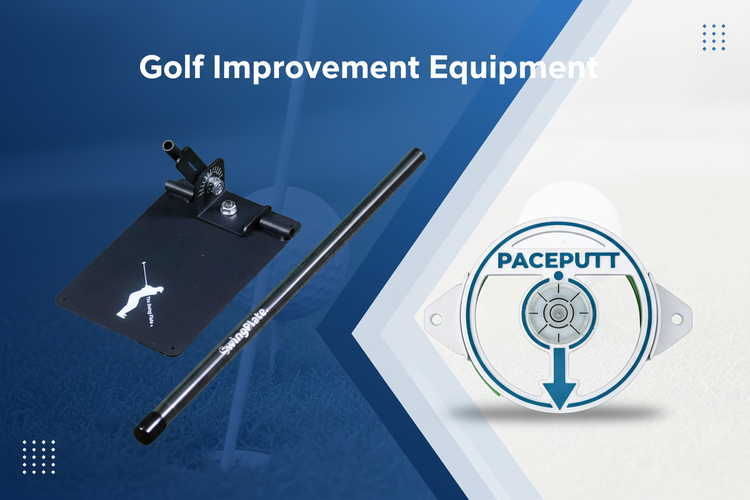 Golf training aids including swing path trainers, putting alignment tools, and mats arranged for practice on a golf range