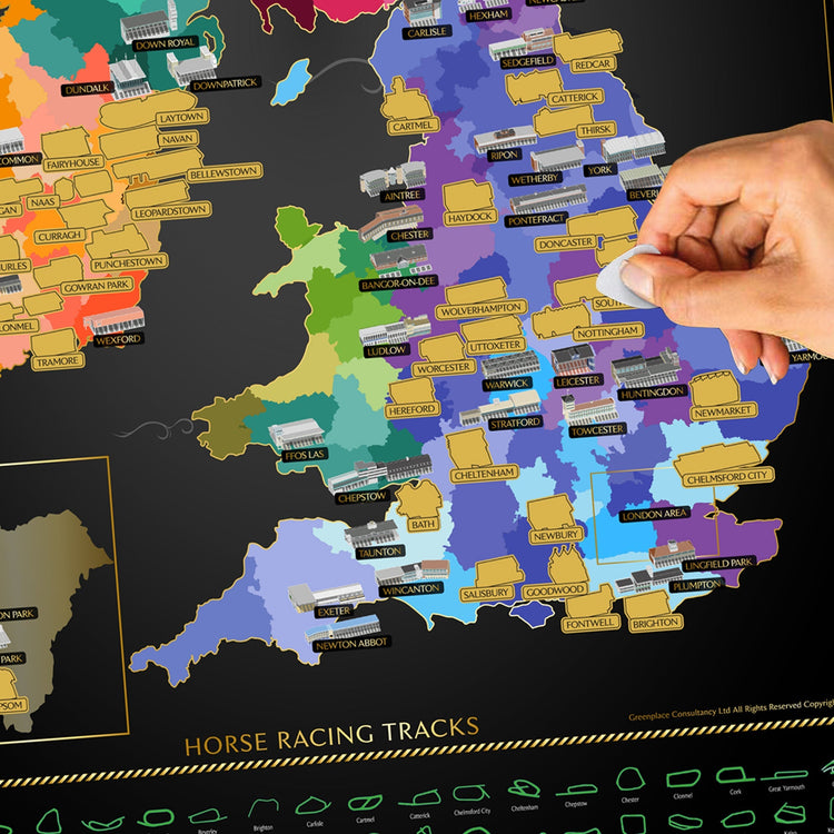 Scratch-off maps of UK sports stadiums, golf courses, horse racing tracks, and historic pubs