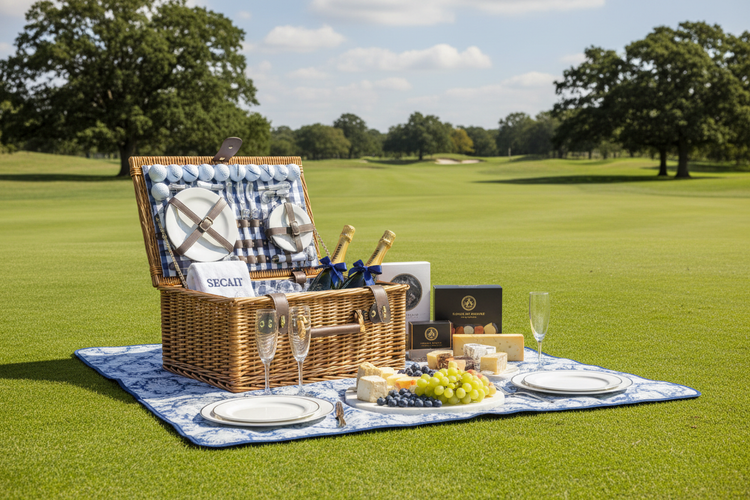 Luxury golf picnic hamper set with waterproof blanket and cooler bag, styled for outdoor gatherings
