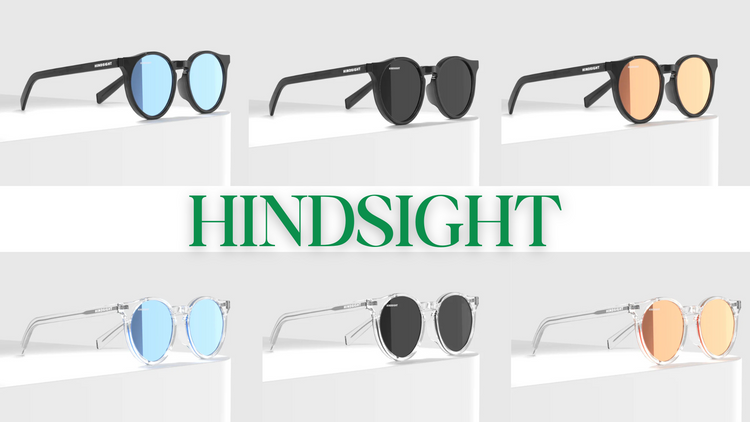 HindSight rear-view sunglasses for cyclists and runners, lightweight ergonomic design, shown outdoors in action.