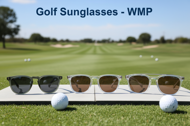 Selection of WMP golf sunglasses in various styles and colours on a green golf course.