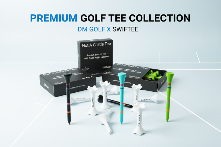 Assorted eco-friendly bamboo and step golf tees with height markers on green grass