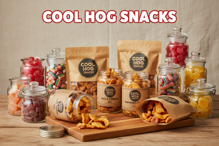 Selection of Cool Hog Snacks pork scratchings and British sweets arranged for a golf event