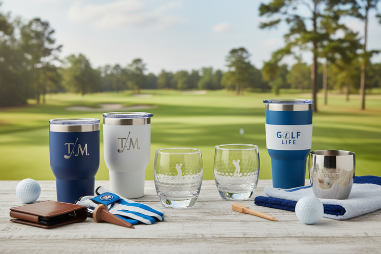 Premium golf and padel-themed tumblers, mugs, and glassware arranged on a terrace table, with golf balls and tees for decoration