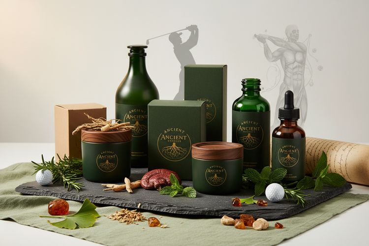 Premium mushroom and shilajit supplements with golf balls and clubs in background