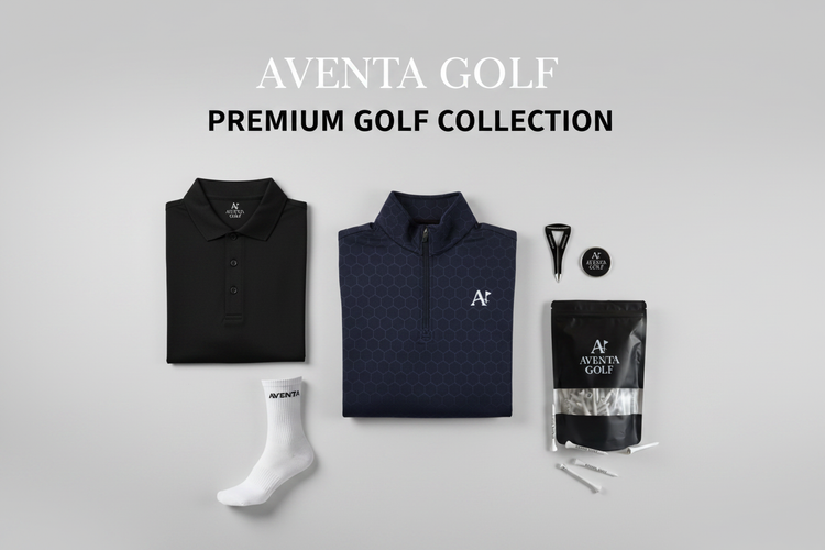 Aventa Golf clothing and accessories including polos, caps, quarter zips, and towels displayed on a course.