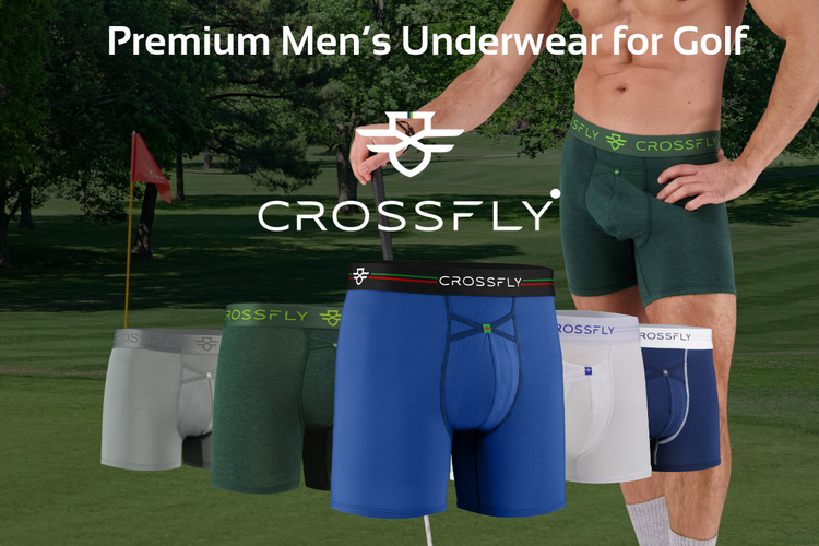 Crossfly men's sport boxers, trunks, and socks in active and everyday styles, displayed in multi-pack sets for golfers and racket sports.