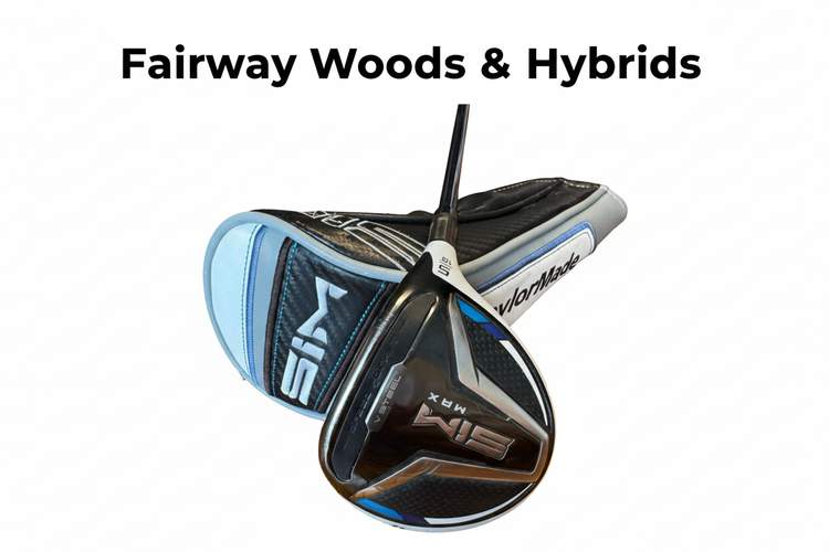 Selection of hybrid and fairway wood golf clubs from leading brands