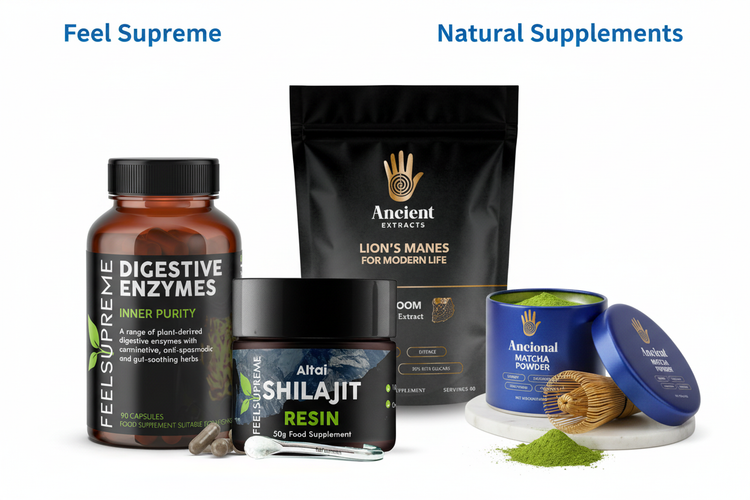 Selection of premium natural supplements including mushroom extracts, Shilajit resin, ceremonial matcha, and vegan vitamins from Feel Supreme.