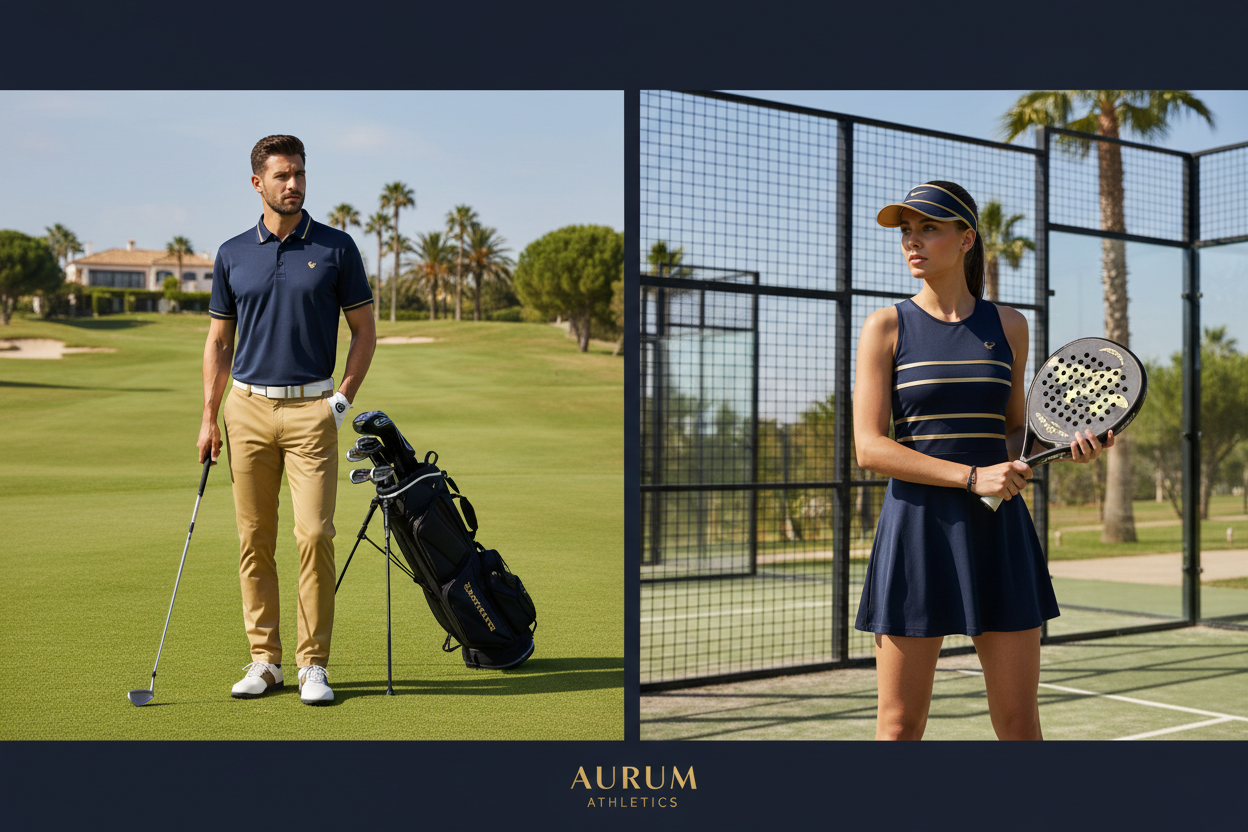 A selection of men's and women's golf clothing, including T-shirts, polos, hoodies, and jackets, displayed for all-weather comfort and style.
