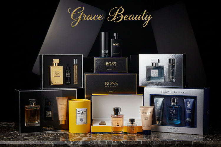 Luxury skincare, dermal fillers, and fragrance gift sets from Grace Beauty displayed elegantly with golf-themed accents