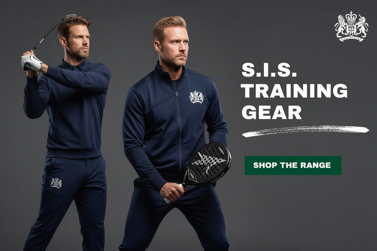 Bond-inspired S.I.S. Training Gear showing tailored athletic fit clothing and subtle embroidered logo.