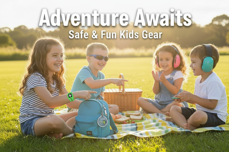 Assorted kids' safety gear including medical alert snap bands, UV400 sunglasses, travel blankets, and hearing protection earmuffs arranged outdoors.